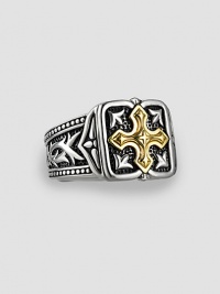Handsome 18k gold cross accent on Sparta-engraved sterling silver. About ¾ X ¾ Made in USA Handsome 18k gold cross accent on Sparta-engraved sterling silver. About ¾ X ¾ Made in USA