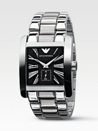 Refined stainless steel classic with large black dial square and roman numerals. Sub dial with second hand Quartz Imported Refined stainless steel classic with large black dial square and roman numerals. Sub dial with second hand Quartz Imported