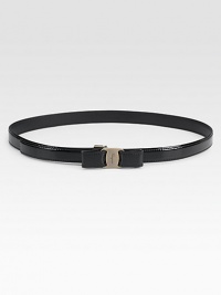 Rendered in shiny patent leather with silvertone bow buckle.Width, about .78Made in Italy Rendered in shiny patent leather with silvertone bow buckle.Width, about .78Made in Italy