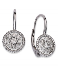 Exquisite by design. These elegant drop earrings feature round-cut diamonds (1/3 ct. t.w.) set in 14k white gold, with chic rope edges and a lever backing. Approximate diameter: 1/4 inch. Exquisite by design. These elegant drop earrings feature round-cut diamonds (1/3 ct. t.w.) set in 14k white gold, with chic rope edges and a lever backing. Approximate diameter: 1/4 inch.