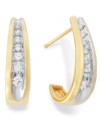 Elevate your look with a touch of sparkle. These unique J-hoop earrings feature channel-set, round-cut diamonds (1/4 ct. t.w.) in 14k gold. Approximate drop: 5/8 inch. Elevate your look with a touch of sparkle. These unique J-hoop earrings feature channel-set, round-cut diamonds (1/4 ct. t.w.) in 14k gold. Approximate drop: 5/8 inch.