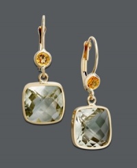 Delight in light spring colors. These airy drop earrings feature pale gemstones in cushion-cut green quartz (8-1/3 ct. t.w.) and round-cut citrine (3/4 ct. t.w.). Crafted in 14k gold. Approximate drop: 1 inch. Delight in light spring colors. These airy drop earrings feature pale gemstones in cushion-cut green quartz (8-1/3 ct. t.w.) and round-cut citrine (3/4 ct. t.w.). Crafted in 14k gold. Approximate drop: 1 inch.