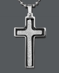 Put a new spin on your style while expressing your faith. This intricate men's necklace features a double cross pendant set in smooth and textured stainless steel with a matching bead chain. Approximate length: 24 inches. Approximate drop width: 1 inch. Approximate drop length: 1-1/2 inches. Put a new spin on your style while expressing your faith. This intricate men's necklace features a double cross pendant set in smooth and textured stainless steel with a matching bead chain. Approximate length: 24 inches. Approximate drop width: 1 inch. Approximate drop length: 1-1/2 inches.