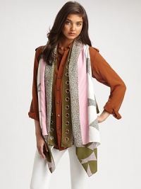 This exquisite, 2-in-1 silk design, is adorned with colorful, abstract prints and can be worn as a scarf or vest to suit your own personal style.Open frontSleevelessSilkAbout 33 X 64.5Dry cleanImported This exquisite, 2-in-1 silk design, is adorned with colorful, abstract prints and can be worn as a scarf or vest to suit your own personal style.Open frontSleevelessSilkAbout 33 X 64.5Dry cleanImported