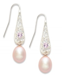 Beautiful in pink Sterling-silver drop earrings exude style with pink cultured freshwater pearls (8-9 mm) and round-cut amethysts (1/6 ct. t.w.). Approximate drop: 1-1/2 inches. Beautiful in pink Sterling-silver drop earrings exude style with pink cultured freshwater pearls (8-9 mm) and round-cut amethysts (1/6 ct. t.w.). Approximate drop: 1-1/2 inches.