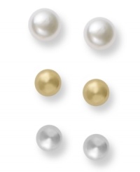 A triple threat! Giani Bernini's sophisticated stud earrings set features white, gold and grey cultured freshwater pearls with sterling silver and 24k gold over sterling silver post settings. Approximate diameters: 4, 5, and 6 mm. A triple threat! Giani Bernini's sophisticated stud earrings set features white, gold and grey cultured freshwater pearls with sterling silver and 24k gold over sterling silver post settings. Approximate diameters: 4, 5, and 6 mm.