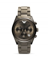 An edgy take on sporty style, Emporio Armani's cool, charcoal chronograph is an athletic add-on. Off the pitch, wear the timely piece to punch up your daytime uniform. An edgy take on sporty style, Emporio Armani's cool, charcoal chronograph is an athletic add-on. Off the pitch, wear the timely piece to punch up your daytime uniform.
