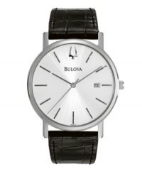 Sophistication through simplicity. Watch by Bulova crafted of black croc-embossed leather strap and round stainless steel case. Silver tone dial features stick indices, date window at three o'clock, logo at twelve o'clock and three hands. Quartz movement. Water resistant to 30 meters. Three-year limited warranty. Sophistication through simplicity. Watch by Bulova crafted of black croc-embossed leather strap and round stainless steel case. Silver tone dial features stick indices, date window at three o'clock, logo at twelve o'clock and three hands. Quartz movement. Water resistant to 30 meters. Three-year limited warranty.