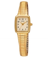 A hint of rustic texture gives this fine women's watch from Pulsar a natural finish. Goldtone stainless steel bracelet and rectangular case. Cream-colored rectangular dial with logo and numerical indices. Quartz movement. Water resistant to 30 meters. Three-year limited warranty. A hint of rustic texture gives this fine women's watch from Pulsar a natural finish. Goldtone stainless steel bracelet and rectangular case. Cream-colored rectangular dial with logo and numerical indices. Quartz movement. Water resistant to 30 meters. Three-year limited warranty.