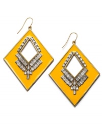 Citrus bliss. A splash of orange enamel and a dash of sparkle comprises Bar III's brilliant triangular drop earrings. Crafted in gold-plated mixed metal with clear rectangular accents. Approximate drop: 2-3/8 inches. Citrus bliss. A splash of orange enamel and a dash of sparkle comprises Bar III's brilliant triangular drop earrings. Crafted in gold-plated mixed metal with clear rectangular accents. Approximate drop: 2-3/8 inches.
