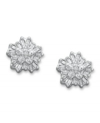 Star light star bright. These dazzling starburst-shaped stud earrings combine round and baguette-cut diamonds (1/5 ct. t.w.) in a sterling silver setting. Approximate diameter: 1/3 inch x 1/5 inch. Star light star bright. These dazzling starburst-shaped stud earrings combine round and baguette-cut diamonds (1/5 ct. t.w.) in a sterling silver setting. Approximate diameter: 1/3 inch x 1/5 inch.