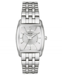 A lovely watch with everyday luster, from Bulova. Silvertone stainless steel bracelet and cushion-shaped case. Rectangular silvertone textured dial with logo and stick indices. Quartz movement. Water resistant to 30 meters. 3-year limited warranty. A lovely watch with everyday luster, from Bulova. Silvertone stainless steel bracelet and cushion-shaped case. Rectangular silvertone textured dial with logo and stick indices. Quartz movement. Water resistant to 30 meters. 3-year limited warranty.