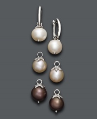 Give the gift of interchangeable style! This mix and match pearl earring set features pink, chocolate, and white cultured freshwater pearls (10 mm) accented by sparkling diamonds. Each pair fits easily onto a sterling silver hoop setting. Approximate drop: 1/2 inch. Give the gift of interchangeable style! This mix and match pearl earring set features pink, chocolate, and white cultured freshwater pearls (10 mm) accented by sparkling diamonds. Each pair fits easily onto a sterling silver hoop setting. Approximate drop: 1/2 inch.