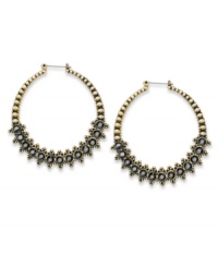 Black and gold creates an antique-inspired earring style, by Style&co. Jet glass stones change the mood on these timeless hoops. Crafted in antiqued gold tone mixed metal. Approximate diameter: 2 inches. Black and gold creates an antique-inspired earring style, by Style&co. Jet glass stones change the mood on these timeless hoops. Crafted in antiqued gold tone mixed metal. Approximate diameter: 2 inches.