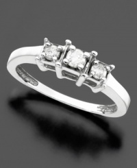 A trio of beautiful white diamonds (1/4 ct. t.w.) gives this 14k white gold ring an exceptionally radiant allure. A trio of beautiful white diamonds (1/4 ct. t.w.) gives this 14k white gold ring an exceptionally radiant allure.
