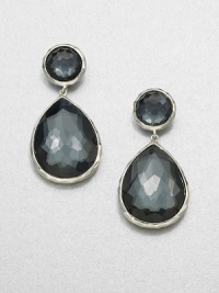 From the Wonderland Collection. A stunning style with faceted, hematite doublets in a snowman design set in hammered sterling silver. Hematite doubletsSterling silverDrop, about 1.6Post backImported From the Wonderland Collection. A stunning style with faceted, hematite doublets in a snowman design set in hammered sterling silver. Hematite doubletsSterling silverDrop, about 1.6Post backImported