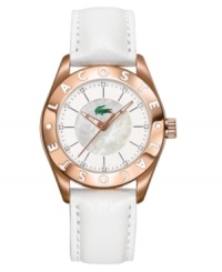 Elite appeal. This gorgeous Lacoste watch features a white leather strap and round rose goldtone stainless steel case. Logo etched at bezel. White mother-of-pearl dial with crystal accents at indices and logo. Quartz movement. Water resistant to 30 meters. Two-year limited warranty. Elite appeal. This gorgeous Lacoste watch features a white leather strap and round rose goldtone stainless steel case. Logo etched at bezel. White mother-of-pearl dial with crystal accents at indices and logo. Quartz movement. Water resistant to 30 meters. Two-year limited warranty.