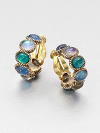 Gorgeous cabochons of green and blue agate set in a bronze hoop inspired by the designer's love of nature's bounty. Green and blue agateBronzeLength, about .75Clip-on backMade in USA Gorgeous cabochons of green and blue agate set in a bronze hoop inspired by the designer's love of nature's bounty. Green and blue agateBronzeLength, about .75Clip-on backMade in USA