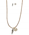 Give this peace sign and feather a chance. This set from RACHEL Rachel Roy is crafted from gold-tone and silver-tone mixed metal with glass stones adding luster. Approximate length, necklace: 15 inches. Approximate drop: 1/4 inch. Approximate diameter: 1/4 inch.