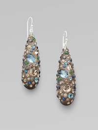 Elongated teardrops of hand-sculpted, hand-painted Lucite are richly sprinkled with Swarovski crystals in a bright array of colors.LuciteCrystalDrop, about 2¼Sterling silver ear wireMade in USA Elongated teardrops of hand-sculpted, hand-painted Lucite are richly sprinkled with Swarovski crystals in a bright array of colors.LuciteCrystalDrop, about 2¼Sterling silver ear wireMade in USA