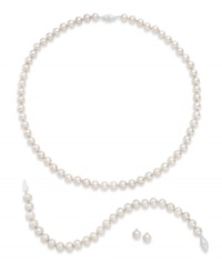 Polish and shine. This sophisticated matching jewelry set features a necklace, earrings and bracelet with cultured freshwater pearls (6-7 mm) and sparkling diamond accents. Set in sterling silver. Approximate length: 18 inches. Approximate bracelet length: 7-1/2 inches. Approximate stud diameter: 1/4 inch. Polish and shine. This sophisticated matching jewelry set features a necklace, earrings and bracelet with cultured freshwater pearls (6-7 mm) and sparkling diamond accents. Set in sterling silver. Approximate length: 18 inches. Approximate bracelet length: 7-1/2 inches. Approximate stud diameter: 1/4 inch.