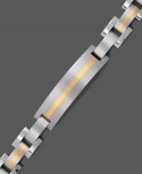 Versatile sophistication. Mix and match with this two tone men's bracelet. A rectangular link design is set in titanium and 14k gold. Approximate length: 8-1/2 inches. Versatile sophistication. Mix and match with this two tone men's bracelet. A rectangular link design is set in titanium and 14k gold. Approximate length: 8-1/2 inches.