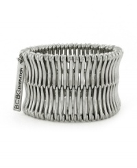 A perfected pattern adds a dramatic statement to your digits. BCBGeneration's standout style features a linear bar design and logo tag crafted in silver tone mixed metal. Ring stretches to fit finger. A perfected pattern adds a dramatic statement to your digits. BCBGeneration's standout style features a linear bar design and logo tag crafted in silver tone mixed metal. Ring stretches to fit finger.