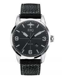 Take your style to new heights with this aviation-inspired timepiece from ESQ by Movado. Crafted of black distressed leather strap and round stainless steel case. Black aviation-inspired dial with silver-tone applied stick indices, numerals at three, six and nine o'clock, date window at four o'clock, three hands and plane logo at twelve o'clock. Swiss quartz movement. Water resistant to 50 meters. Two-year limited warranty. Take your style to new heights with this aviation-inspired timepiece from ESQ by Movado. Crafted of black distressed leather strap and round stainless steel case. Black aviation-inspired dial with silver-tone applied stick indices, numerals at three, six and nine o'clock, date window at four o'clock, three hands and plane logo at twelve o'clock. Swiss quartz movement. Water resistant to 50 meters. Two-year limited warranty.
