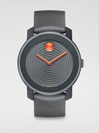 A minimalist design for the modern man of style, built with an aluminum case, textured gray dial and a Swiss quartz movement for the highest quality and functionality.Round bezelQuartz movementWater resistant to 3ATMStainless steel case: 43.5mm(1.71)Silicone braceletImported A minimalist design for the modern man of style, built with an aluminum case, textured gray dial and a Swiss quartz movement for the highest quality and functionality.Round bezelQuartz movementWater resistant to 3ATMStainless steel case: 43.5mm(1.71)Silicone braceletImported