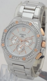 Geneva Quartz Knox Chronograph-style Look Two Tone Rose Gold N Silver Case With Rhonestone Bezel Geneva Quartz Knox Chronograph-style Look Two Tone Rose Gold N Silver Case With Rhonestone Bezel