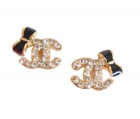 Swarovski Diamond Logo with Black Cute Bow Stud Earrings-b
