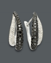 Diamond hoop earrings in contrasting colors make a bold, fashionable statement. Earrings feature pave-set, round-cut black diamonds (1-5/8 ct. t.w.) and white diamonds (1/3 ct. t.w.) in a 14k white gold setting. Approximate drop: 2 inches.