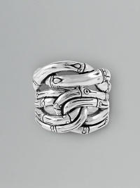From the Bamboo Collection. The look of bamboo, cast of sterling silver in an intricate interwoven pattern. This design was expressly created to support an afforestation project on Nusa Penida, an arid island off the coast of Bali. For every purchase, John Hardy will donate a portion of the retail price to the cost of planting bamboo. This ring will help plant 11 bamboos. Sterling silver Width, about ¾ Made in Bali From the Bamboo Collection. The look of bamboo, cast of sterling silver in an intricate interwoven pattern. This design was expressly created to support an afforestation project on Nusa Penida, an arid island off the coast of Bali. For every purchase, John Hardy will donate a portion of the retail price to the cost of planting bamboo. This ring will help plant 11 bamboos. Sterling silver Width, about ¾ Made in Bali