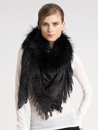 Wool/silk GG pattern shawl with fox fur trim. About 45¼ X 49¼ Fox fur 70% wool/30% silk; dry clean Made in Italy Fur origin: Finland Wool/silk GG pattern shawl with fox fur trim. About 45¼ X 49¼ Fox fur 70% wool/30% silk; dry clean Made in Italy Fur origin: Finland