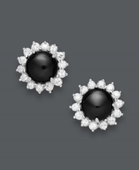 Perfectly polished in sweet, contrasting colors. Onyx gemstones (8 mm) create the focal point amongst a halo of sparkling, round-cut white topaz (1-5/8 ct. t.w.). Set in sterling silver. Approximate diameter: 1/2 inch. Perfectly polished in sweet, contrasting colors. Onyx gemstones (8 mm) create the focal point amongst a halo of sparkling, round-cut white topaz (1-5/8 ct. t.w.). Set in sterling silver. Approximate diameter: 1/2 inch.