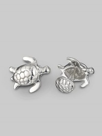 Refined reptiles, elgantly sculpted of sterling silver with a shell-design t-back. Turtle, length, about 1 Shell back diameter, about ¾ Made in USA Refined reptiles, elgantly sculpted of sterling silver with a shell-design t-back. Turtle, length, about 1 Shell back diameter, about ¾ Made in USA