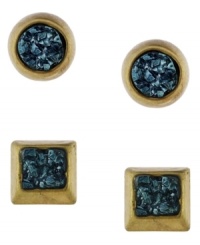 Shape up. Tiny green drusy chips adorn this playful stud earrings set from BCBGeneration. Set in gold tone mixed metal. Approximate diameter (square and circle studs): 3/4 inch. Shape up. Tiny green drusy chips adorn this playful stud earrings set from BCBGeneration. Set in gold tone mixed metal. Approximate diameter (square and circle studs): 3/4 inch.