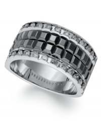 A sophisticated men's style, with a little shine too. Round-cut diamonds (3/4 ct. t.w.) decorate the edges, while two rows of black enamel add definition. Ring set in sterling silver. Size 10-1/2. A sophisticated men's style, with a little shine too. Round-cut diamonds (3/4 ct. t.w.) decorate the edges, while two rows of black enamel add definition. Ring set in sterling silver. Size 10-1/2.