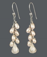 Shimmery chic. Clusters of cultured freshwater pearls (3-4 mm) and sparkling rose quartz (6-3/4 ct. t.w.) combine in these stunning drop earrings. Set in sterling silver. Approximate drop: 1-3/4 inches. Shimmery chic. Clusters of cultured freshwater pearls (3-4 mm) and sparkling rose quartz (6-3/4 ct. t.w.) combine in these stunning drop earrings. Set in sterling silver. Approximate drop: 1-3/4 inches.