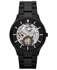 This Ansel watch by Fossil is both clear as day and dark as night. The skeleton dial shows its detailed precision, while the blacked out design adds mysterious cool. This Ansel watch by Fossil is both clear as day and dark as night. The skeleton dial shows its detailed precision, while the blacked out design adds mysterious cool.