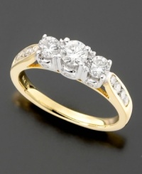 Step into the spotlight with a romantic three stone ring featuring three center round-cut diamonds (1 ct. t.w.) flanked with sparkling diamond accents, set in 14k yellow and white gold. Step into the spotlight with a romantic three stone ring featuring three center round-cut diamonds (1 ct. t.w.) flanked with sparkling diamond accents, set in 14k yellow and white gold.