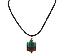 Necklace - N158 - Murano Glass Style - Square ~ Teal and Amethyst on Velvet Flock Cord Necklace - N158 - Murano Glass Style - Square ~ Teal and Amethyst on Velvet Flock Cord