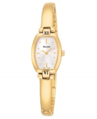 Smooth and slender, this attractive Pulsar watch features a goldtone stainless steel bracelet and rounded rectangular case. Roman numerals at bezel. White dial with logo, goldtone stick indices and dot markers. Analog quartz movement. Water resistant to 30 meters. Three-year limited warranty. Smooth and slender, this attractive Pulsar watch features a goldtone stainless steel bracelet and rounded rectangular case. Roman numerals at bezel. White dial with logo, goldtone stick indices and dot markers. Analog quartz movement. Water resistant to 30 meters. Three-year limited warranty.
