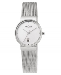 Modern style from Denmark. This Skagen Denmark watch features a mesh stainless steel bracelet and round case. Silvertone dial with dot markers, logo and date window. Quartz movement. Water resistant to 30 meters. Limited lifetime warranty. Modern style from Denmark. This Skagen Denmark watch features a mesh stainless steel bracelet and round case. Silvertone dial with dot markers, logo and date window. Quartz movement. Water resistant to 30 meters. Limited lifetime warranty.