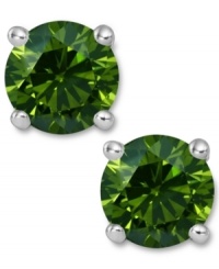 Add a lively touch of springtime green, in one small drop. These sparkling stud earrings feature round-cut green diamonds (2 ct. t.w.) in a four-prong setting of 14k white gold. Approximate diameter: 1/3 inch. Add a lively touch of springtime green, in one small drop. These sparkling stud earrings feature round-cut green diamonds (2 ct. t.w.) in a four-prong setting of 14k white gold. Approximate diameter: 1/3 inch.