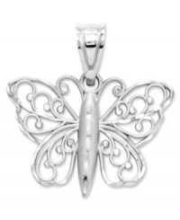 An iconic symbol of renewal, this intricate butterfly charm reminds its wearer that true beauty is found within. Intricately crafted 14k white gold charm that features a satin finish and diamond cuts. Chain not included. Approximate drop length: 4/5 inch. Approximate drop width: 4/5 inch. An iconic symbol of renewal, this intricate butterfly charm reminds its wearer that true beauty is found within. Intricately crafted 14k white gold charm that features a satin finish and diamond cuts. Chain not included. Approximate drop length: 4/5 inch. Approximate drop width: 4/5 inch.