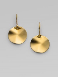 Undulating gold discs are simple yet dramatic in sophsiticated drops. 18k yellow gold Drop, about 1 Diameter, about ½ Ear wire Imported Undulating gold discs are simple yet dramatic in sophsiticated drops. 18k yellow gold Drop, about 1 Diameter, about ½ Ear wire Imported