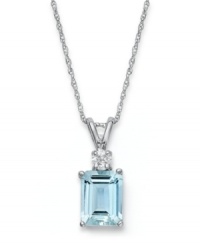 Shapely sparkle. This stunning pendant features a rectangular-cut aquamarine (1-5/8 ct. t.w.) and a sparkling diamond accent. Crafted in 14k white gold. Approximate length: 18 inches. Approximate drop: 1/2 inch. Shapely sparkle. This stunning pendant features a rectangular-cut aquamarine (1-5/8 ct. t.w.) and a sparkling diamond accent. Crafted in 14k white gold. Approximate length: 18 inches. Approximate drop: 1/2 inch.
