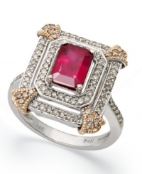 Royal etiquette. This stunning ring combines an emerald-cut ruby (2 ct. t.w.) with two rows of round-cut diamonds (1/2 ct. t.w.). Set in 14k white gold with 14k rose gold corners. Royal etiquette. This stunning ring combines an emerald-cut ruby (2 ct. t.w.) with two rows of round-cut diamonds (1/2 ct. t.w.). Set in 14k white gold with 14k rose gold corners.