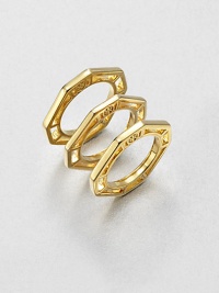 A set of three 16k goldplated rings in a geometric octagon shape. 16k goldplated brassLogo accentedImported A set of three 16k goldplated rings in a geometric octagon shape. 16k goldplated brassLogo accentedImported